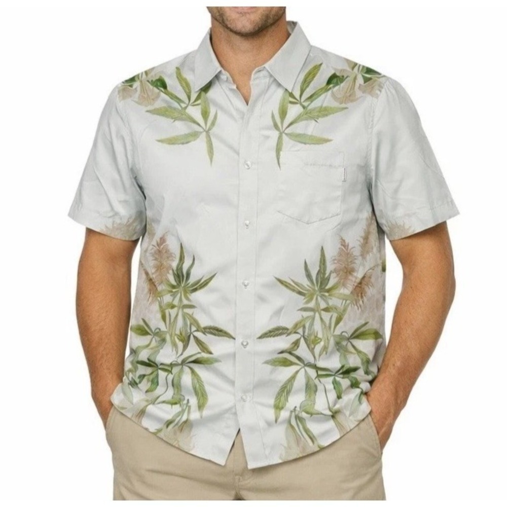 MAVRANS Button Up Shirt Foliage Print sz XL Short Sleeve Coconut Husk Eco Fabric